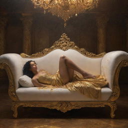 Artistic rendering of Danae laying on an ornate Baroque-style divan, with an awe-inspiring golden rain falling upon her, signifying Zeus's divine visit in gold form.