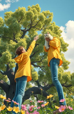 A heartwarming scene depicting a person rescuing a cat stuck in a tree