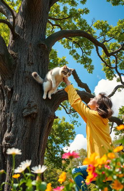 A heartwarming scene depicting a person rescuing a cat stuck in a tree