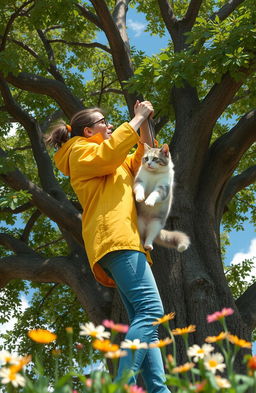 A heartwarming scene depicting a person rescuing a cat stuck in a tree