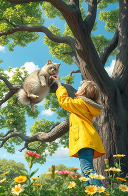 A heartwarming scene depicting a person rescuing a cat stuck in a tree