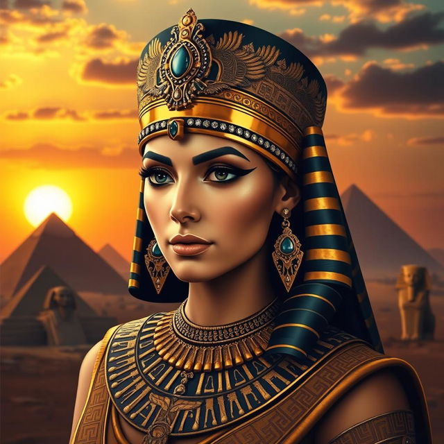 A stunning and regal representation of Cleopatra, the last active Pharaoh of Ancient Egypt