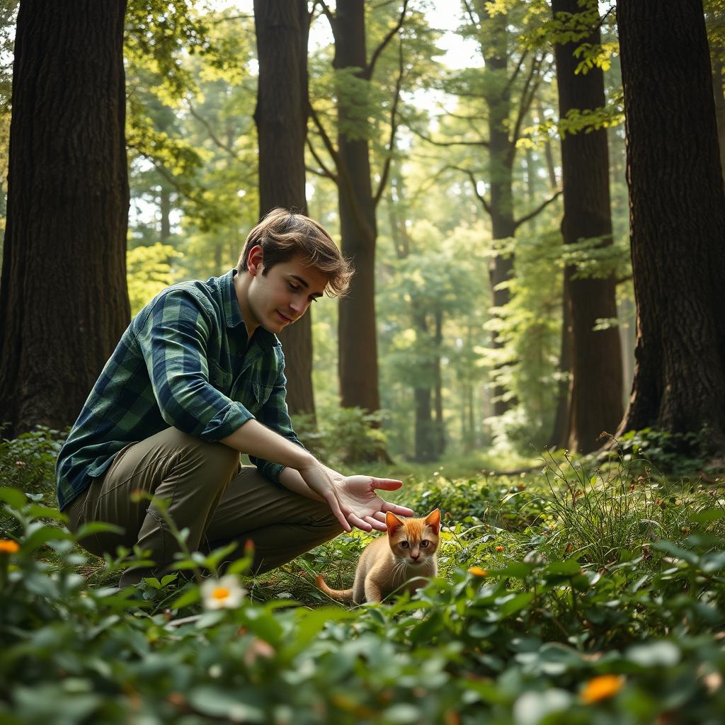 A captivating scene of a person rescuing a cat in a dense, lush forest