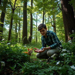 A captivating scene of a person rescuing a cat in a dense, lush forest