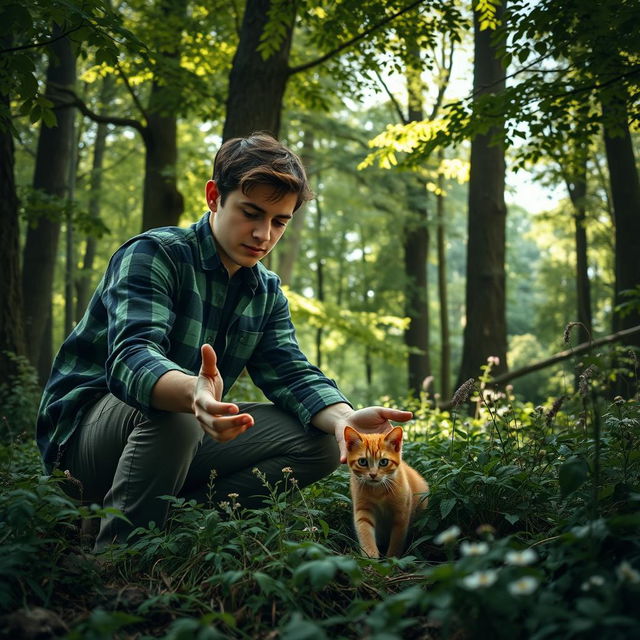 A captivating scene of a person rescuing a cat in a dense, lush forest