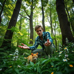 A captivating scene of a person rescuing a cat in a dense, lush forest