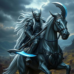 An elf warrior with dark skin and long flowing white hair, bravely riding atop a majestic fantasy horse