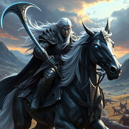 An elf warrior with dark skin and long flowing white hair, bravely riding atop a majestic fantasy horse