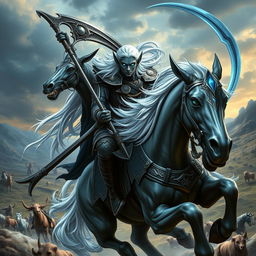An elf warrior with dark skin and long flowing white hair, bravely riding atop a majestic fantasy horse