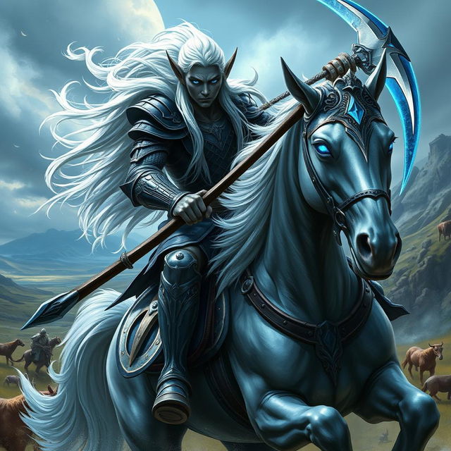 An elf warrior with dark skin and long flowing white hair, bravely riding atop a majestic fantasy horse