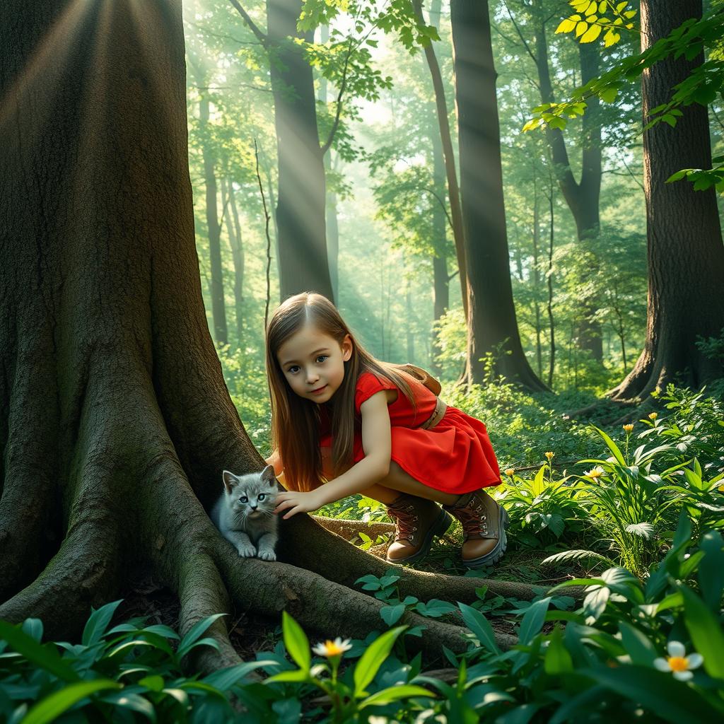 A touching scene of a young girl, around 10 years old, with long brown hair, wearing a bright red dress and hiking boots, as she bravely rescues a small gray kitten from a dense forest