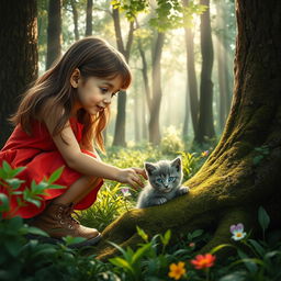 A touching scene of a young girl, around 10 years old, with long brown hair, wearing a bright red dress and hiking boots, as she bravely rescues a small gray kitten from a dense forest
