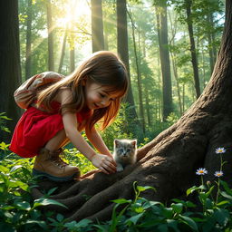 A touching scene of a young girl, around 10 years old, with long brown hair, wearing a bright red dress and hiking boots, as she bravely rescues a small gray kitten from a dense forest