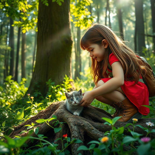 A touching scene of a young girl, around 10 years old, with long brown hair, wearing a bright red dress and hiking boots, as she bravely rescues a small gray kitten from a dense forest