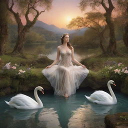 A mythical tableau featuring the radiant Venus, a noble swan, and ethereal nymphs set in a picturesque landscape echoing enchanted allure.