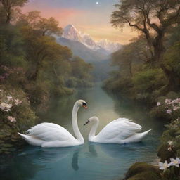 A mythical tableau featuring the radiant Venus, a noble swan, and ethereal nymphs set in a picturesque landscape echoing enchanted allure.