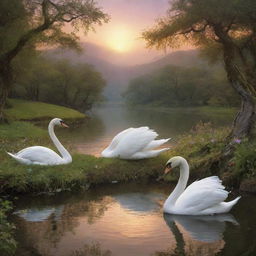 A mythical tableau featuring the radiant Venus, a noble swan, and ethereal nymphs set in a picturesque landscape echoing enchanted allure.