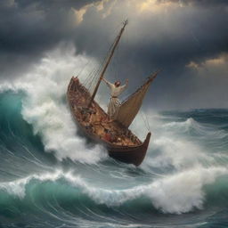 A powerful depiction of the biblical scene 'Christ calming the storm', showcasing a tempestuous sea being hushed to serenity by Christ's divine intervention.