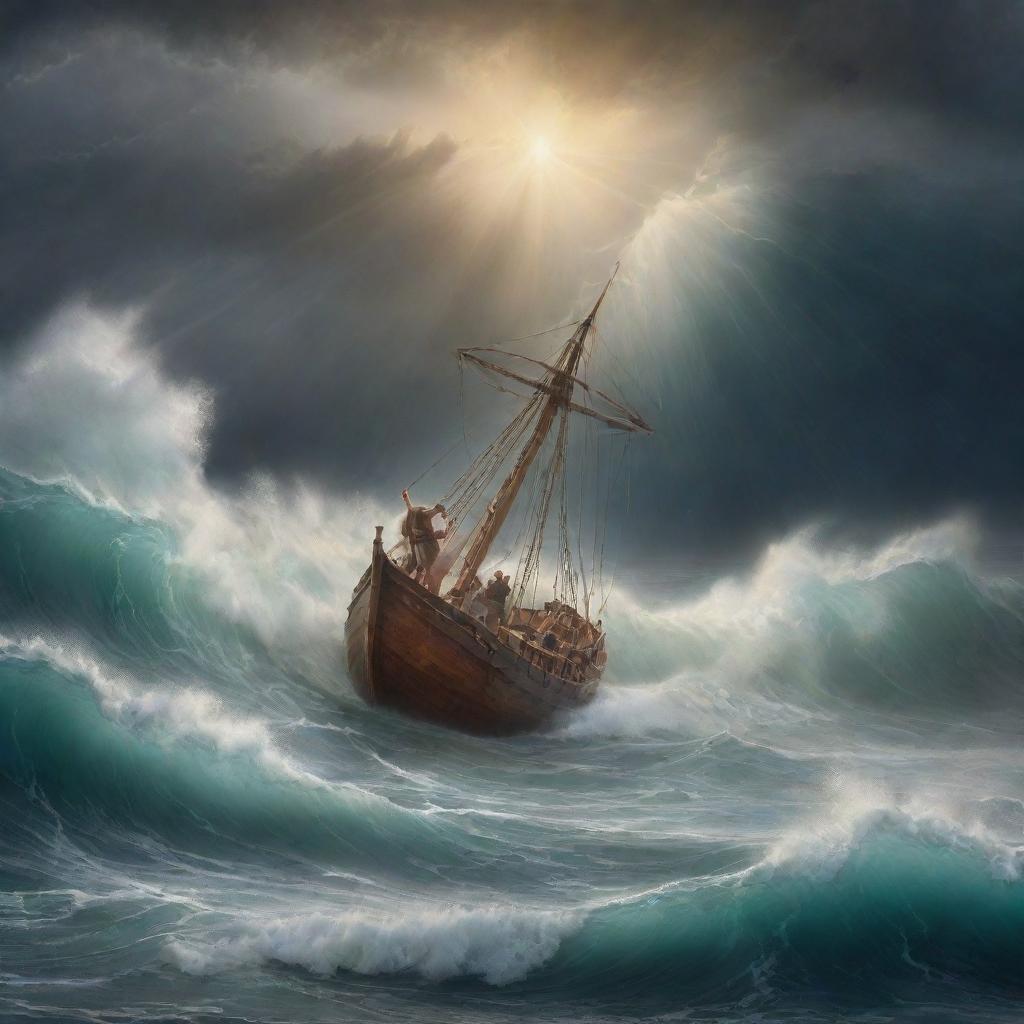 A powerful depiction of the biblical scene 'Christ calming the storm', showcasing a tempestuous sea being hushed to serenity by Christ's divine intervention.