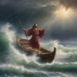 A powerful depiction of the biblical scene 'Christ calming the storm', showcasing a tempestuous sea being hushed to serenity by Christ's divine intervention.