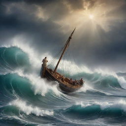 A powerful depiction of the biblical scene 'Christ calming the storm', showcasing a tempestuous sea being hushed to serenity by Christ's divine intervention.