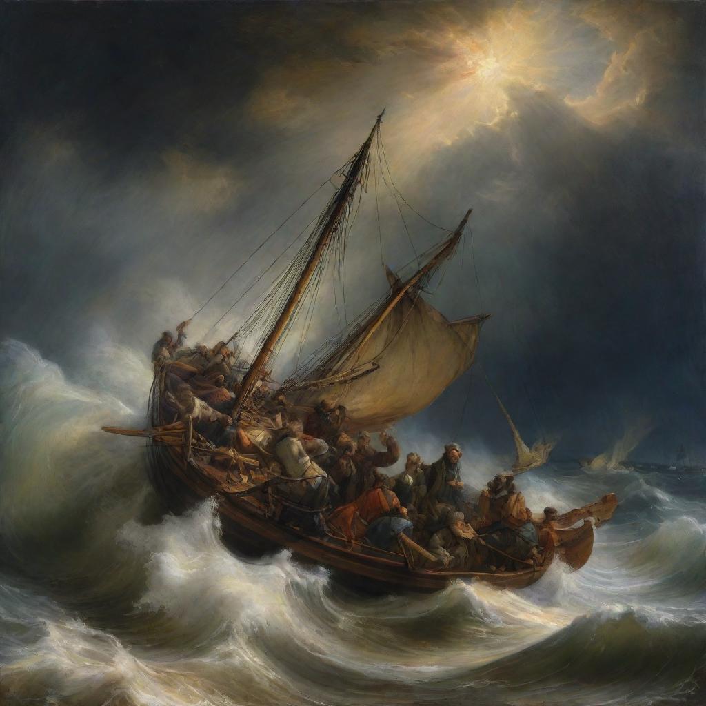 A dramatic Rembrandt-style rendition of 'Christ calming the storm', featuring a turbulent sea being stilled by Christ's divine touch, with his awestruck disciples looking on.