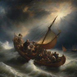 A dramatic Rembrandt-style rendition of 'Christ calming the storm', featuring a turbulent sea being stilled by Christ's divine touch, with his awestruck disciples looking on.