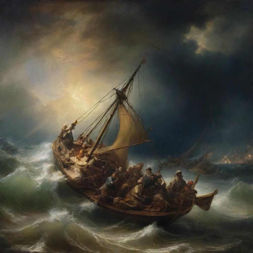 A dramatic Rembrandt-style rendition of 'Christ calming the storm', featuring a turbulent sea being stilled by Christ's divine touch, with his awestruck disciples looking on.