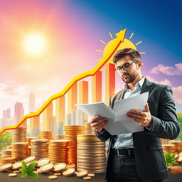 A visually striking representation of the concept of investment, illustrating diverse elements such as a rising stock market graph, piles of coins, an urban skyline symbolizing a booming economy, and a confident businessman examining financial documents