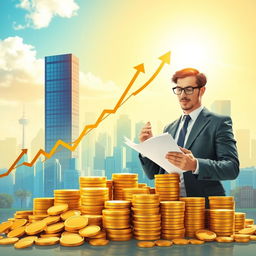 A visually striking representation of the concept of investment, illustrating diverse elements such as a rising stock market graph, piles of coins, an urban skyline symbolizing a booming economy, and a confident businessman examining financial documents