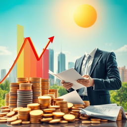 A visually striking representation of the concept of investment, illustrating diverse elements such as a rising stock market graph, piles of coins, an urban skyline symbolizing a booming economy, and a confident businessman examining financial documents