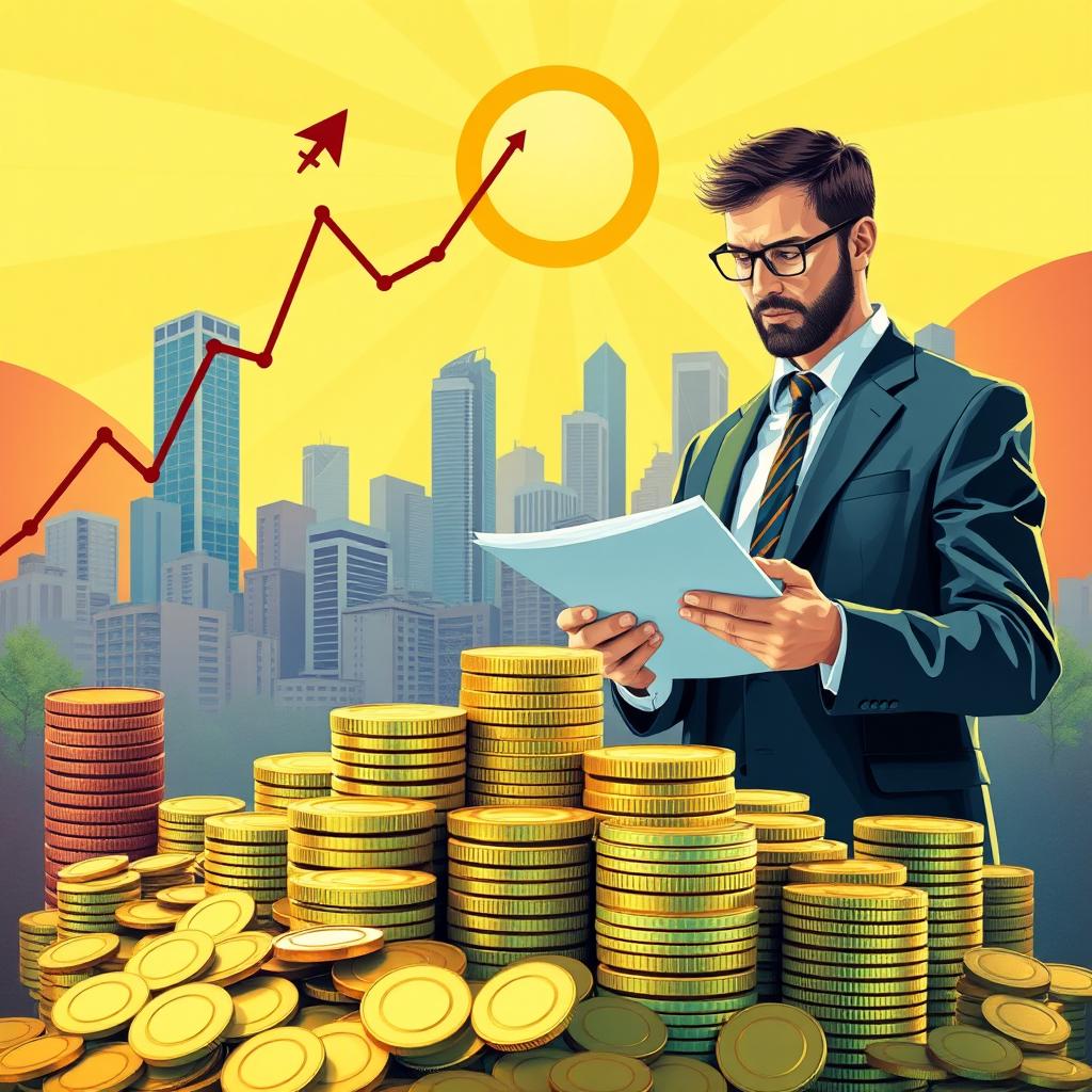 A visually striking representation of the concept of investment, illustrating diverse elements such as a rising stock market graph, piles of coins, an urban skyline symbolizing a booming economy, and a confident businessman examining financial documents