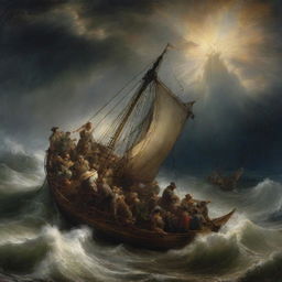 A dramatic Rembrandt-style rendition of 'Christ calming the storm', featuring a turbulent sea being stilled by Christ's divine touch, with his awestruck disciples looking on.