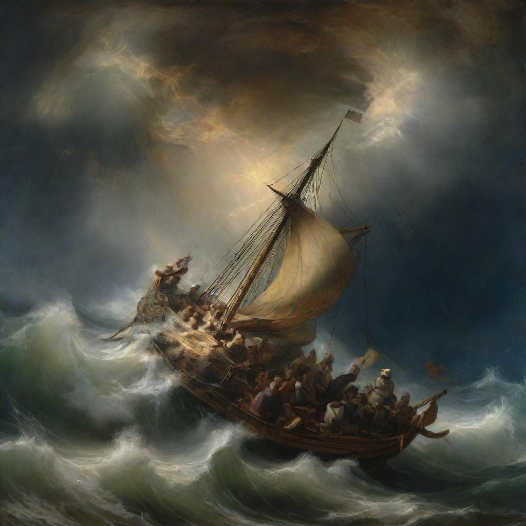 A dramatic Rembrandt-style rendering of 'Christ calming the storm', showing a tumultuous sea tamed by Christ's presence, surrounded by his disciples in awe.