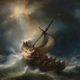 A dramatic Rembrandt-style rendering of 'Christ calming the storm', showing a tumultuous sea tamed by Christ's presence, surrounded by his disciples in awe.