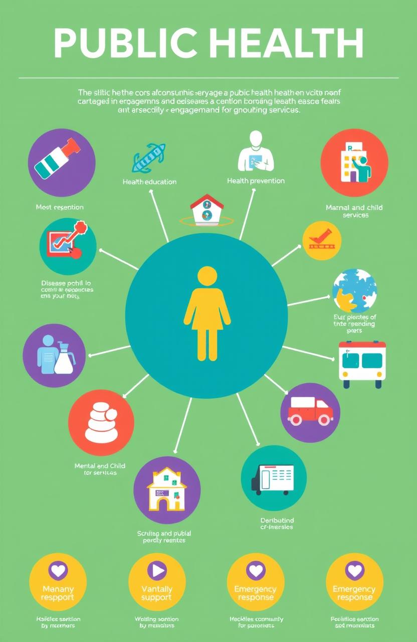 A colorful infographic illustrating the various services of public health, featuring icons and symbols representing essential public health services such as vaccinations, health education, disease prevention, maternal and child health services, sanitation, mental health support, and emergency response