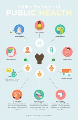 A colorful infographic illustrating the various services of public health, featuring icons and symbols representing essential public health services such as vaccinations, health education, disease prevention, maternal and child health services, sanitation, mental health support, and emergency response