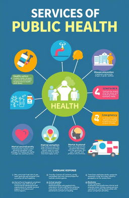 A colorful infographic illustrating the various services of public health, featuring icons and symbols representing essential public health services such as vaccinations, health education, disease prevention, maternal and child health services, sanitation, mental health support, and emergency response