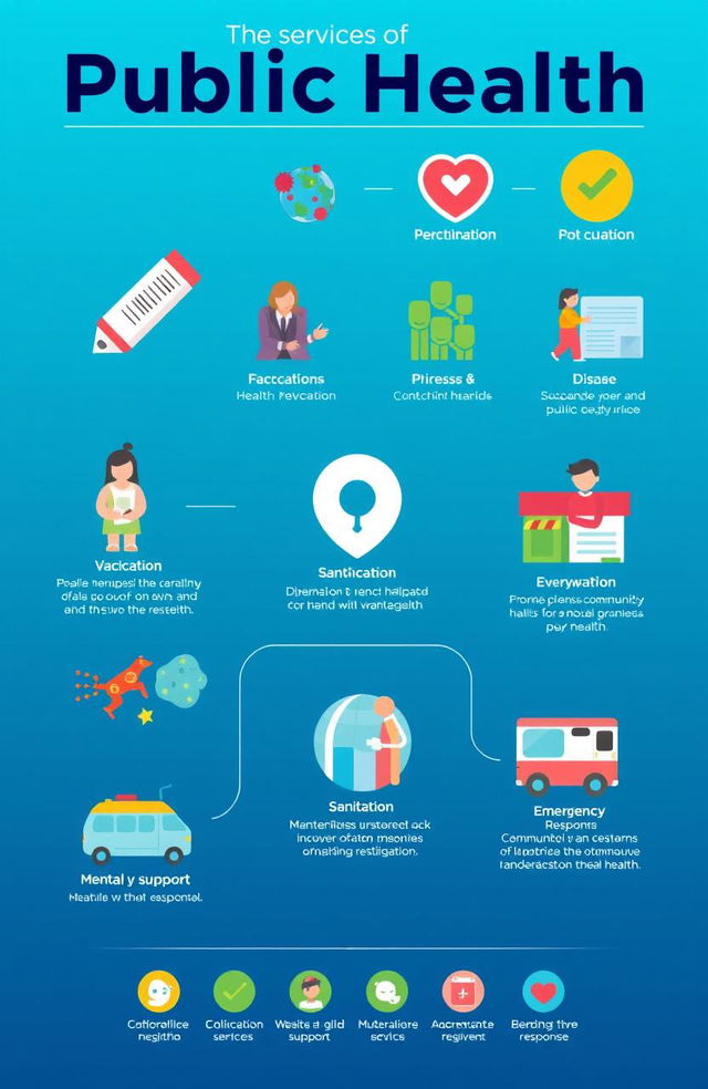 A colorful infographic illustrating the various services of public health, featuring icons and symbols representing essential public health services such as vaccinations, health education, disease prevention, maternal and child health services, sanitation, mental health support, and emergency response