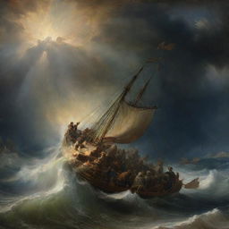 A dramatic Rembrandt-style rendering of 'Christ calming the storm', showing a tumultuous sea tamed by Christ's presence, surrounded by his disciples in awe.