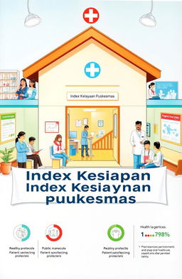 A detailed illustration depicting the concept of the 'Index Kesiapan Pelayanan Puskesmas' (Preparedness of Health Center Services)