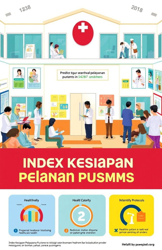 A detailed illustration depicting the concept of the 'Index Kesiapan Pelayanan Puskesmas' (Preparedness of Health Center Services)