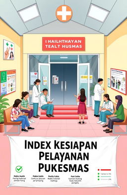 A detailed illustration depicting the concept of the 'Index Kesiapan Pelayanan Puskesmas' (Preparedness of Health Center Services)