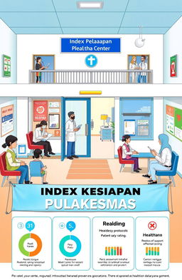 A detailed illustration depicting the concept of the 'Index Kesiapan Pelayanan Puskesmas' (Preparedness of Health Center Services)