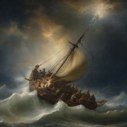 A dramatic Rembrandt-style rendering of 'Christ calming the storm', showing a tumultuous sea tamed by Christ's presence, surrounded by his disciples in awe.