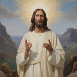 An inspiration from Carl H. Bloch's classic style, portrait of Christ delivering the sermon on the mount, permeating serene wisdom and a divine aura.