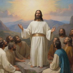 A Carl H. Bloch-style portrayal of Christ imparting the Sermon on the Mount, embodying tranquility, divine wisdom and commanding attention from followers.