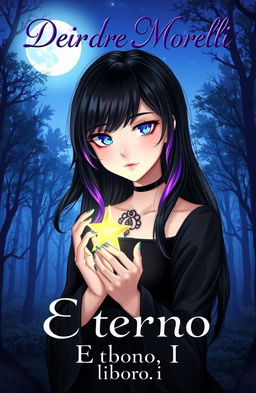 A stunning black-haired girl with vibrant purple tips, captivating blue eyes, delicately holding a shining star in her hands