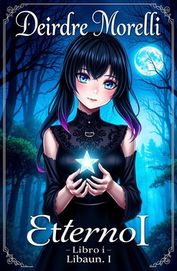 A stunning black-haired girl with vibrant purple tips, captivating blue eyes, delicately holding a shining star in her hands