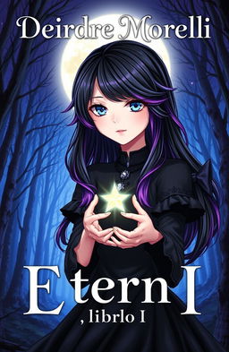 A stunning black-haired girl with vibrant purple tips, captivating blue eyes, delicately holding a shining star in her hands